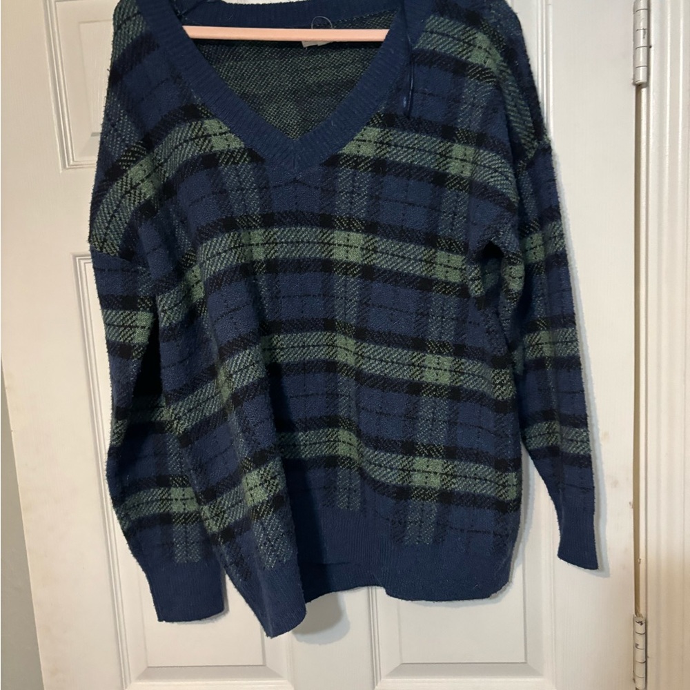 Blue and Green Plaid V-Neck Sweater